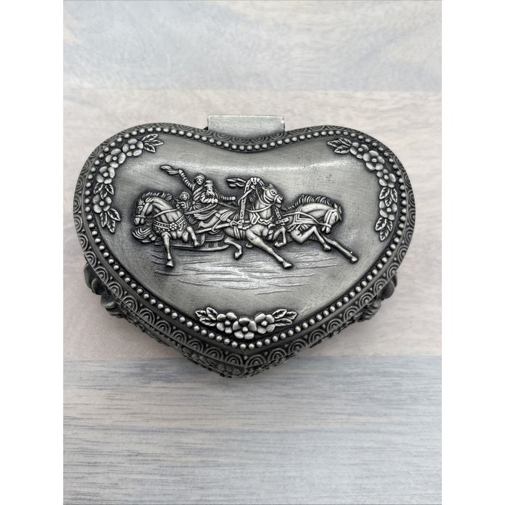 Pewter Heart Shaped Jewelry‎ Box Horses Flowers Trinket from Dubai